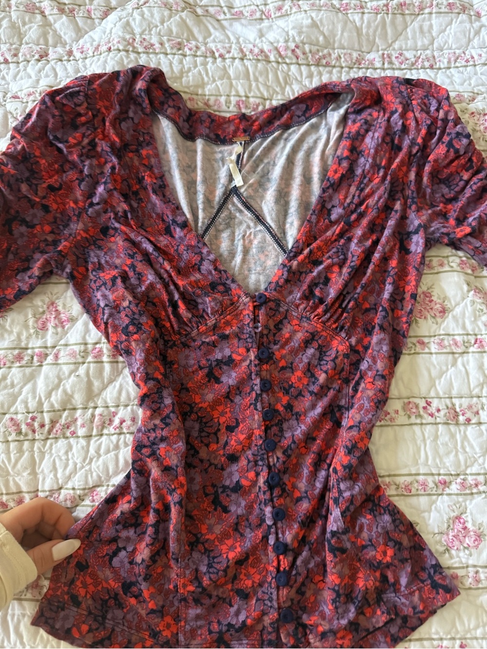 Free People Red & Purple Floral Button-Front Top